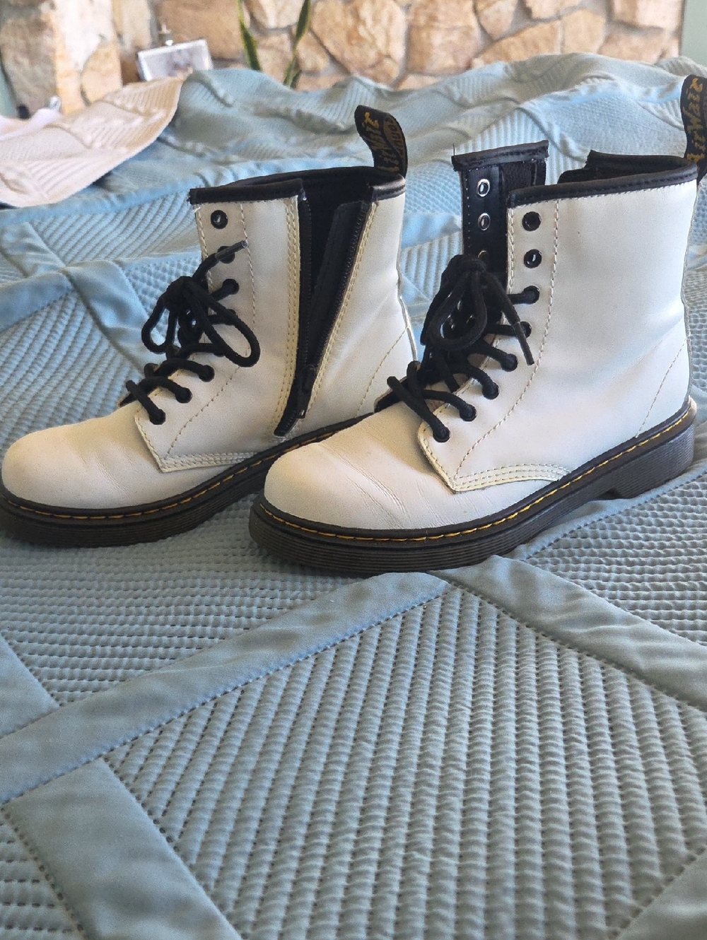 White Lace-Up Combat Boots with Black Trim. Doc Martens